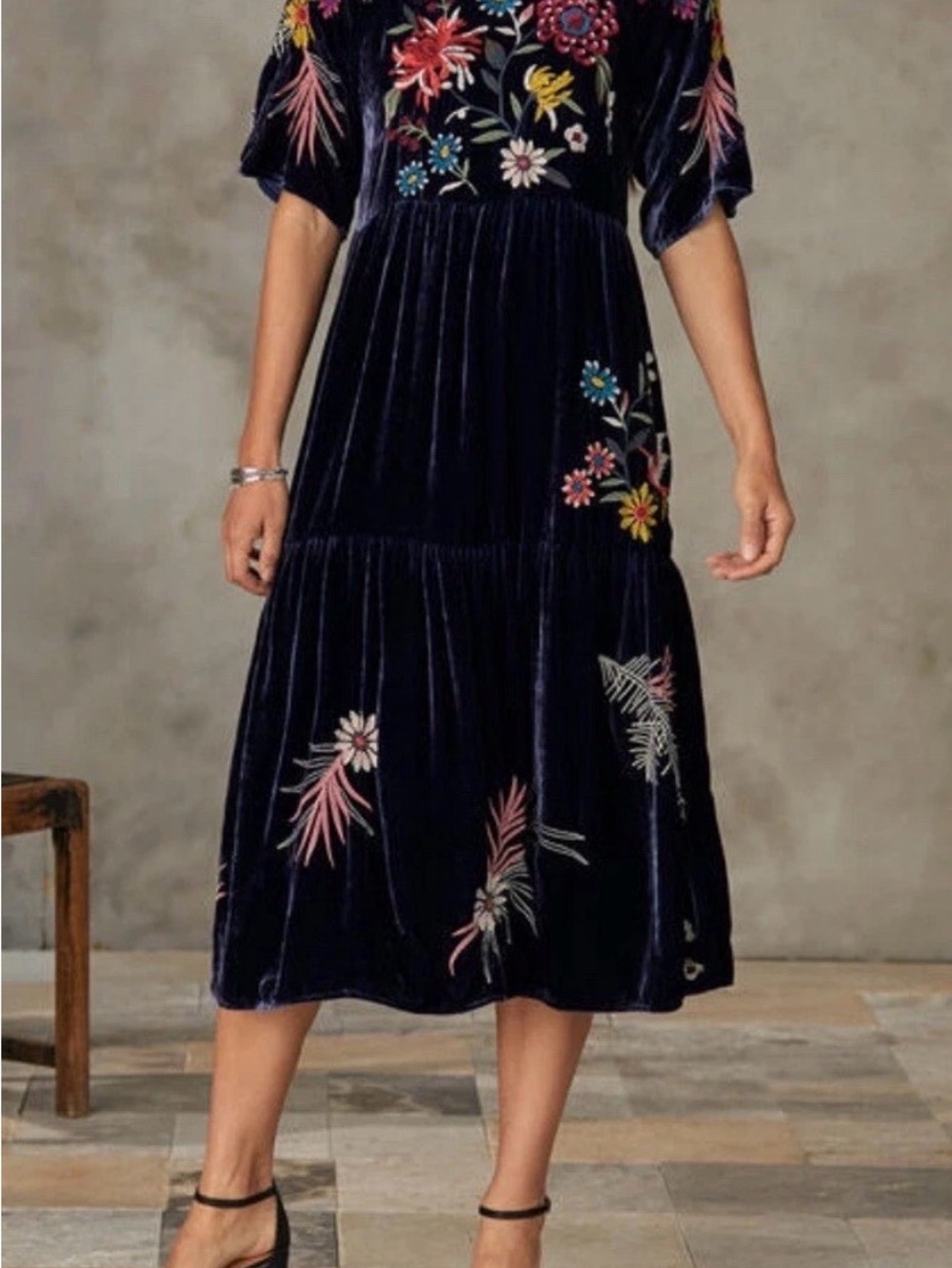 Johnny Was “Tiarei” Embroidered Velvet Midi Dress in Navy. M